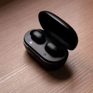 Stylish black wireless earbuds displayed in an open charging case atop a wooden table.
